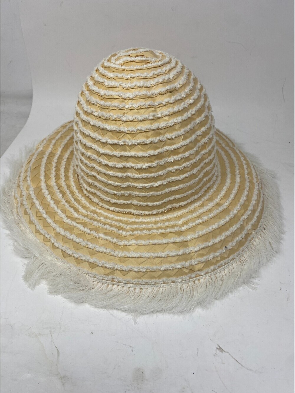 Vintage Straw Sun Hat Cream White Fringe Trim Woven Wide Brim Beach Gold Cord
